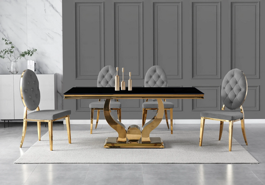 Table verre noir et chaises capitonnées gris doré TROPHEE Galerie du Mobilier
