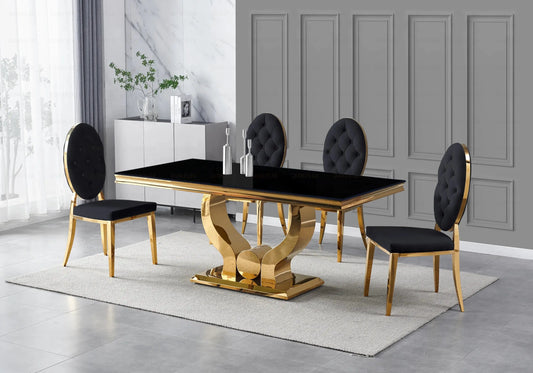 Table verre noir et chaises capitonnées noir doré TROPHEE Galerie du Mobilier
