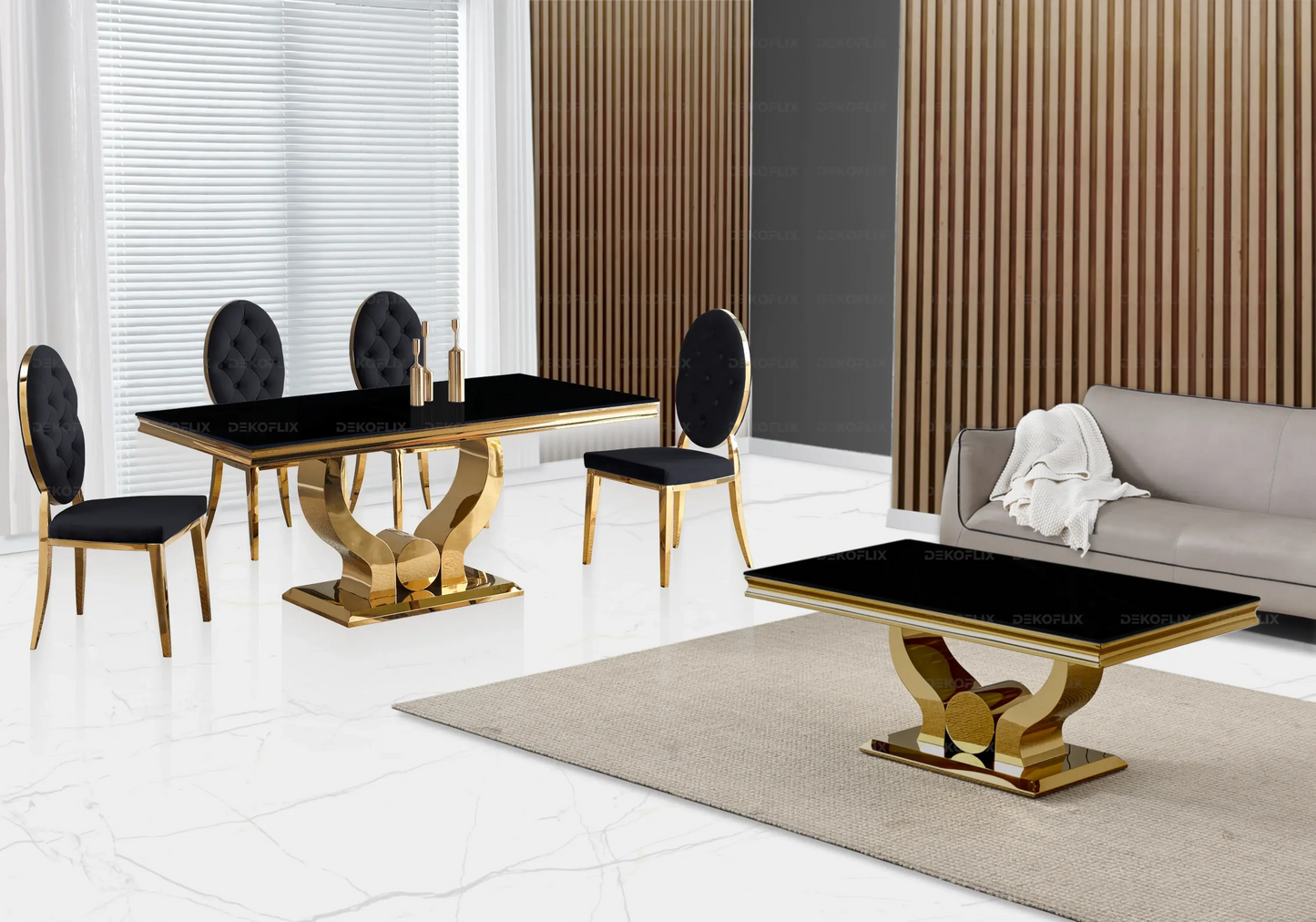 Table verre noir et chaises capitonnées noir doré TROPHEE Galerie du Mobilier