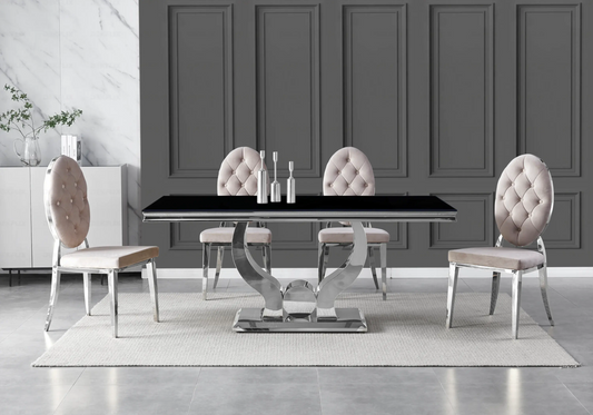 Table verre noir et chaises capitonnées taupe TROPHEE Galerie du Mobilier