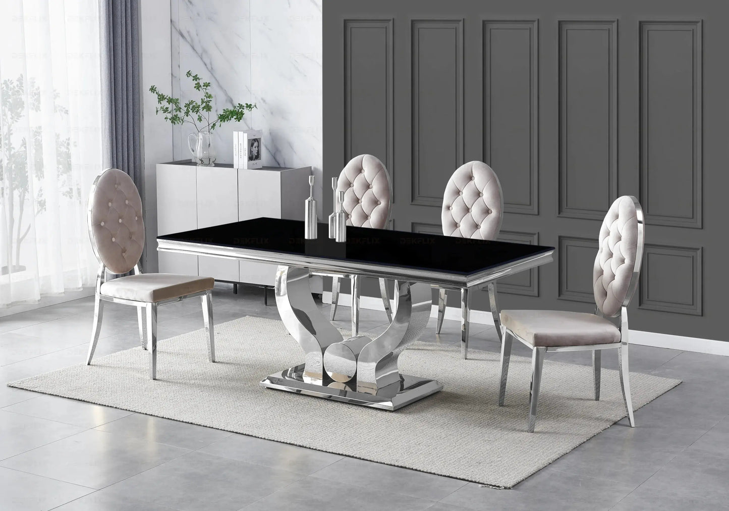 Table verre noir et chaises capitonnées taupe TROPHEE Galerie du Mobilier
