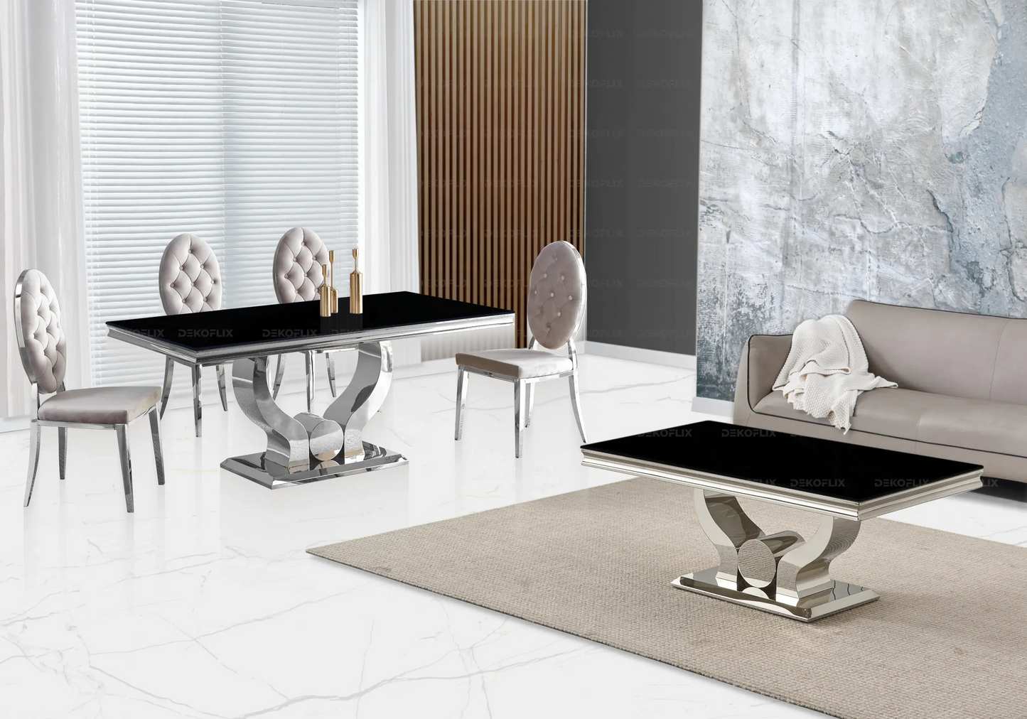 Table verre noir et chaises capitonnées taupe TROPHEE Galerie du Mobilier