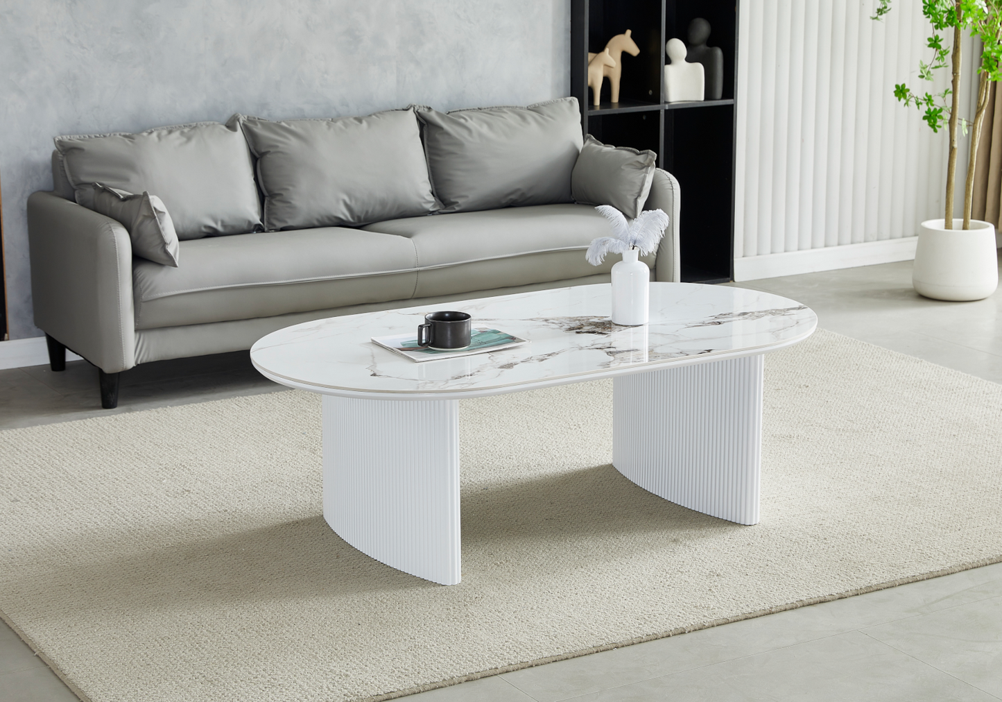 Table basse ovale marbre beige cannelée – Kara – Galerie du Mobilier - Vue 1