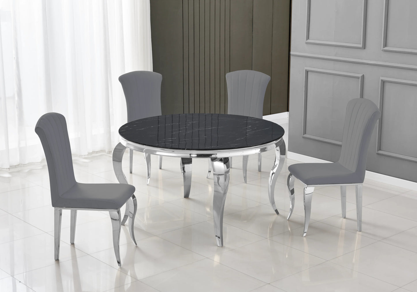 Table ronde marbre noir et 4 chaises argent – Galerie du Mobilier