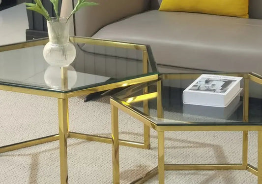 Tables basses gigognes dorées en verre HEXAGONE Galerie du Mobilier