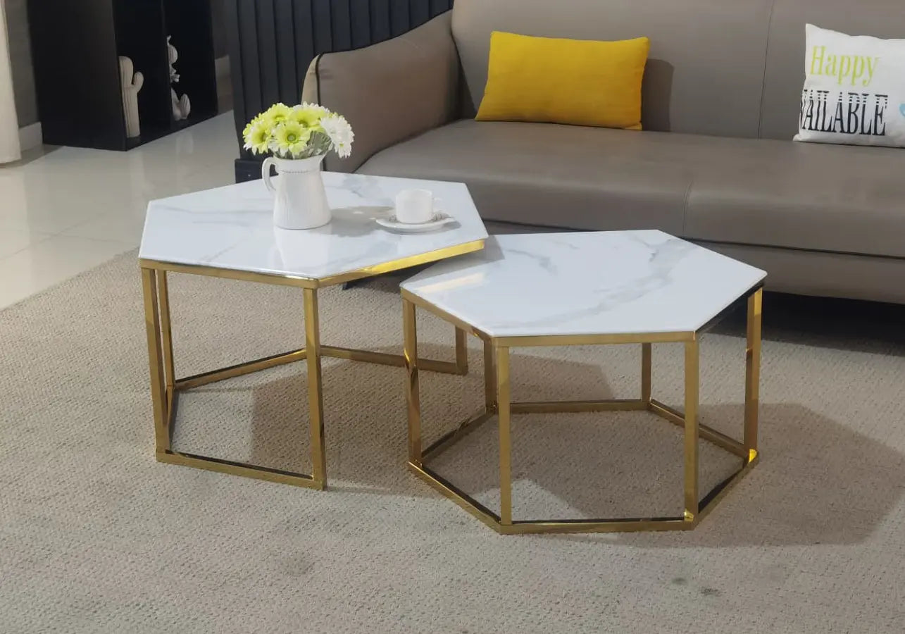 Tables basses gigognes dorées marbre beige HEXAGONE Galerie du Mobilier