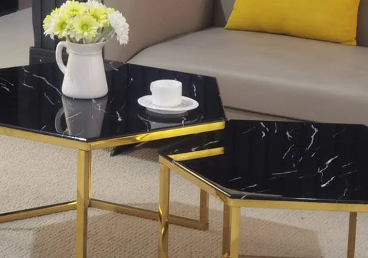 Tables basses gigognes dorées marbre noir HEXAGONE Galerie du Mobilier