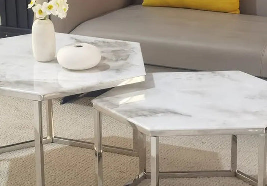 Tables basses gigognes marbre beige HEXAGONE Galerie du Mobilier