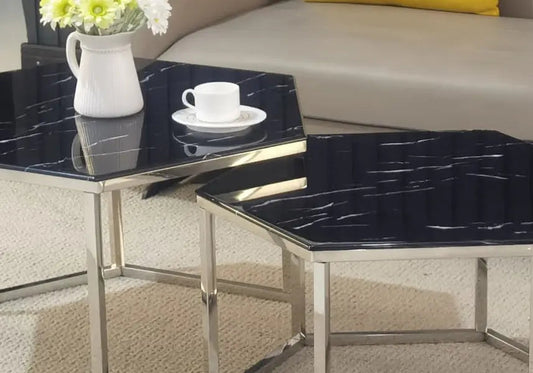 Tables basses gigognes marbre noir HEXAGONE Galerie du Mobilier
