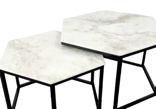 Tables basses gigognes noir marbre beige HEXAGONE Galerie du Mobilier