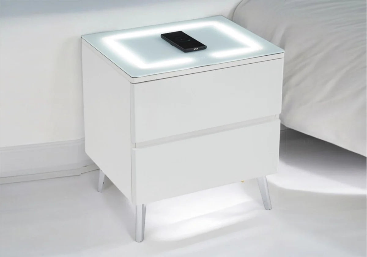Table chevet led chargeur blanc argent – Galerie du Mobilier - Vue 1