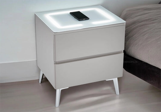 Table chevet led chargeur gris argent LYDIA - Galerie du Mobilier