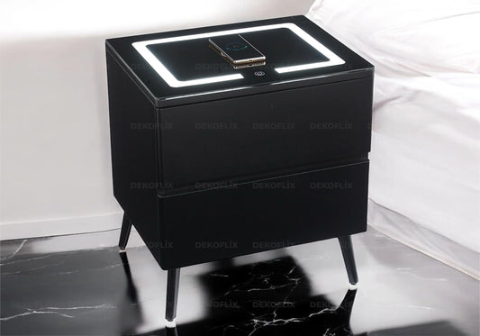 Table chevet led chargeur noir LYDIA - Galerie du Mobilier