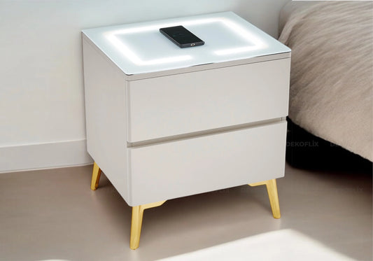 Table chevet led chargeur taupe doré LYDIA - Galerie du Mobilier