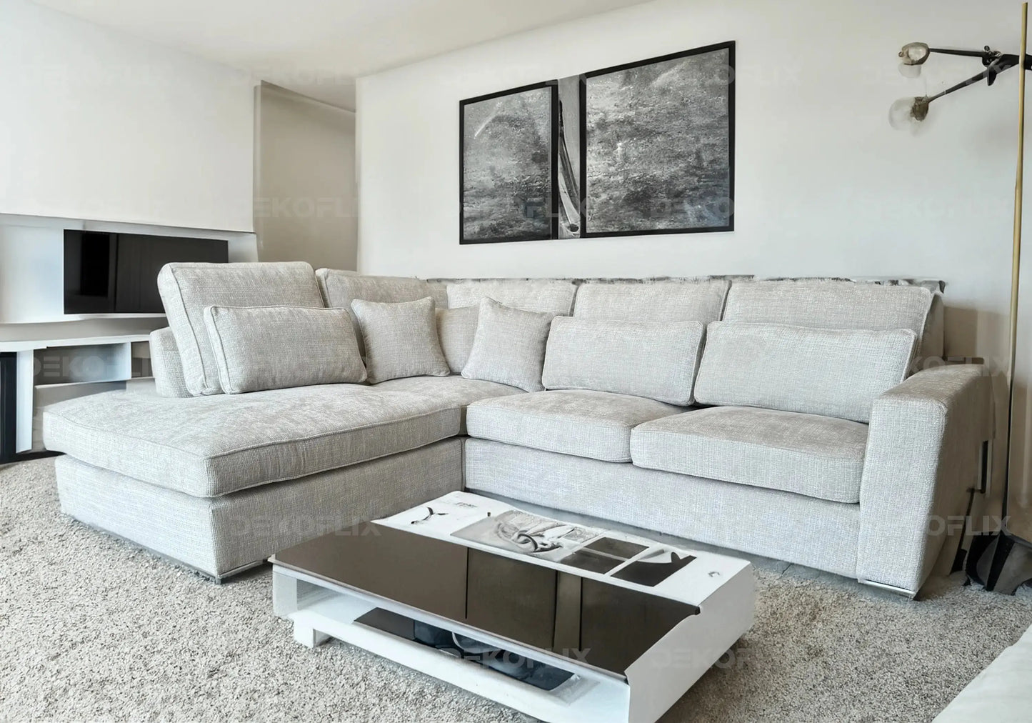 Canapé angle moderne tissu light gris - Vue 1