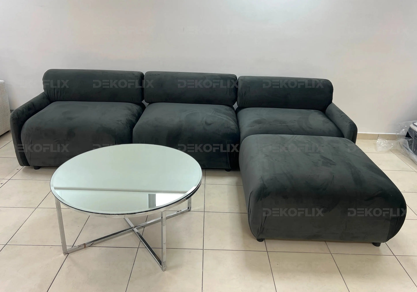 Canapé angle modulable velours beige – Galerie du Mobilier
