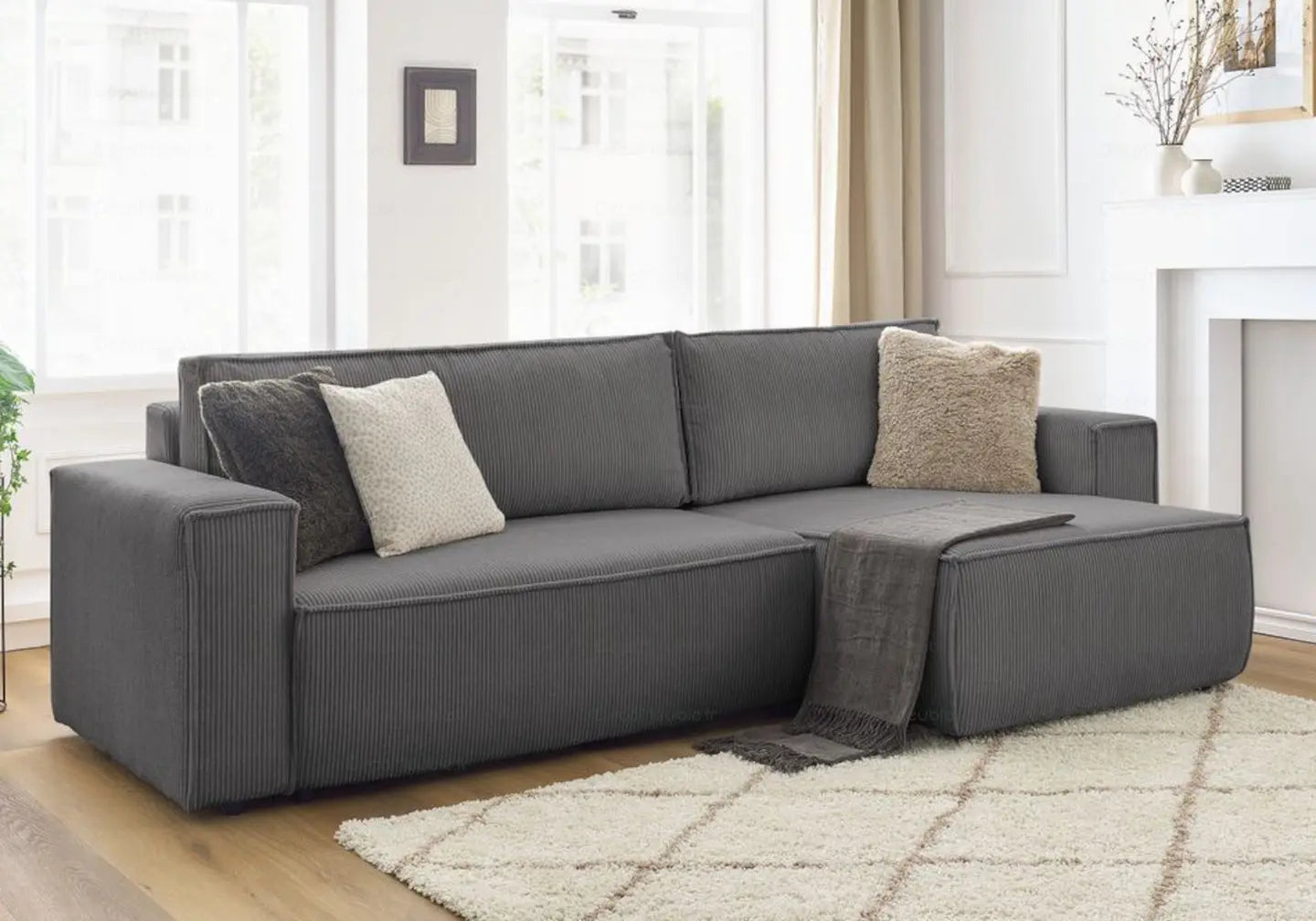 Canapé angle velours côtelé gris – Galerie du Mobilier - Vue 1