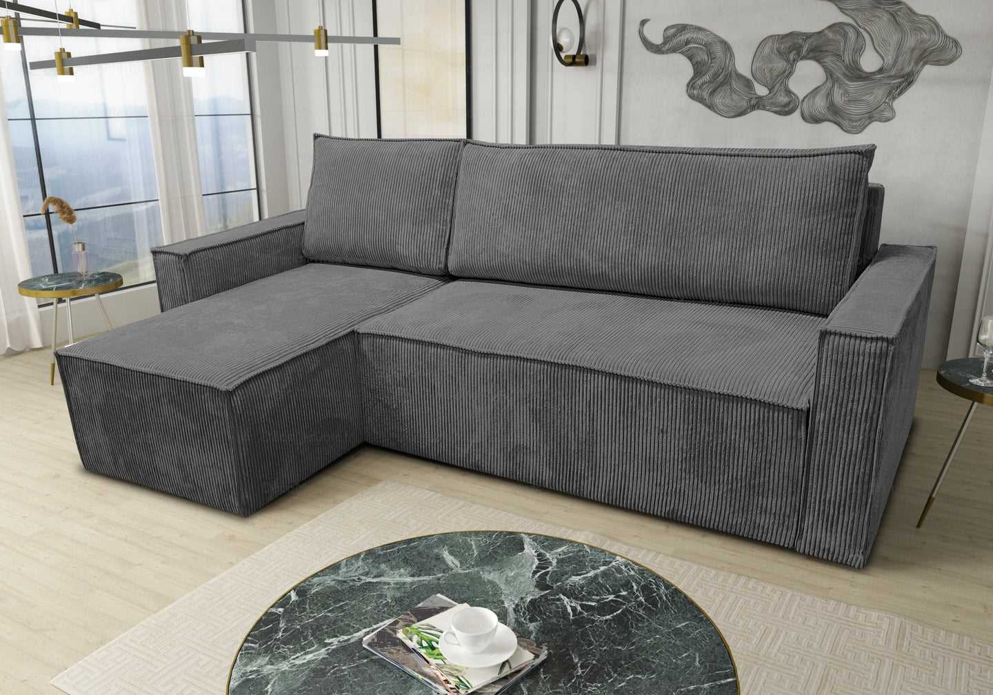 Canapé angle velours côtelé gris – Galerie du Mobilier