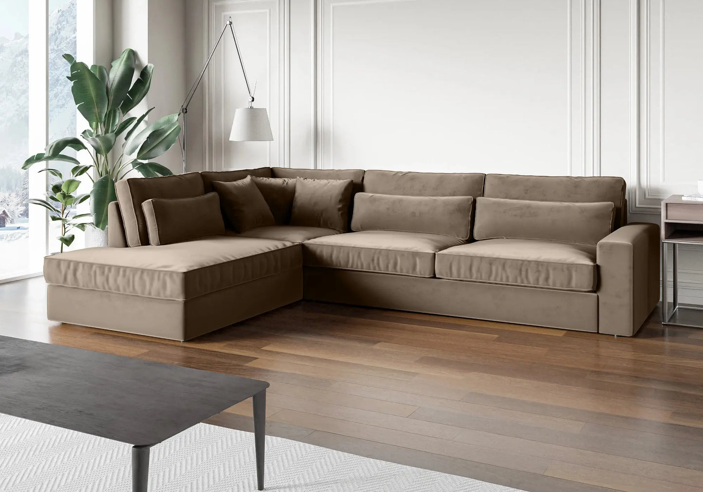 Canapé angle velours taupe – Galerie du Mobilier - Vue 1