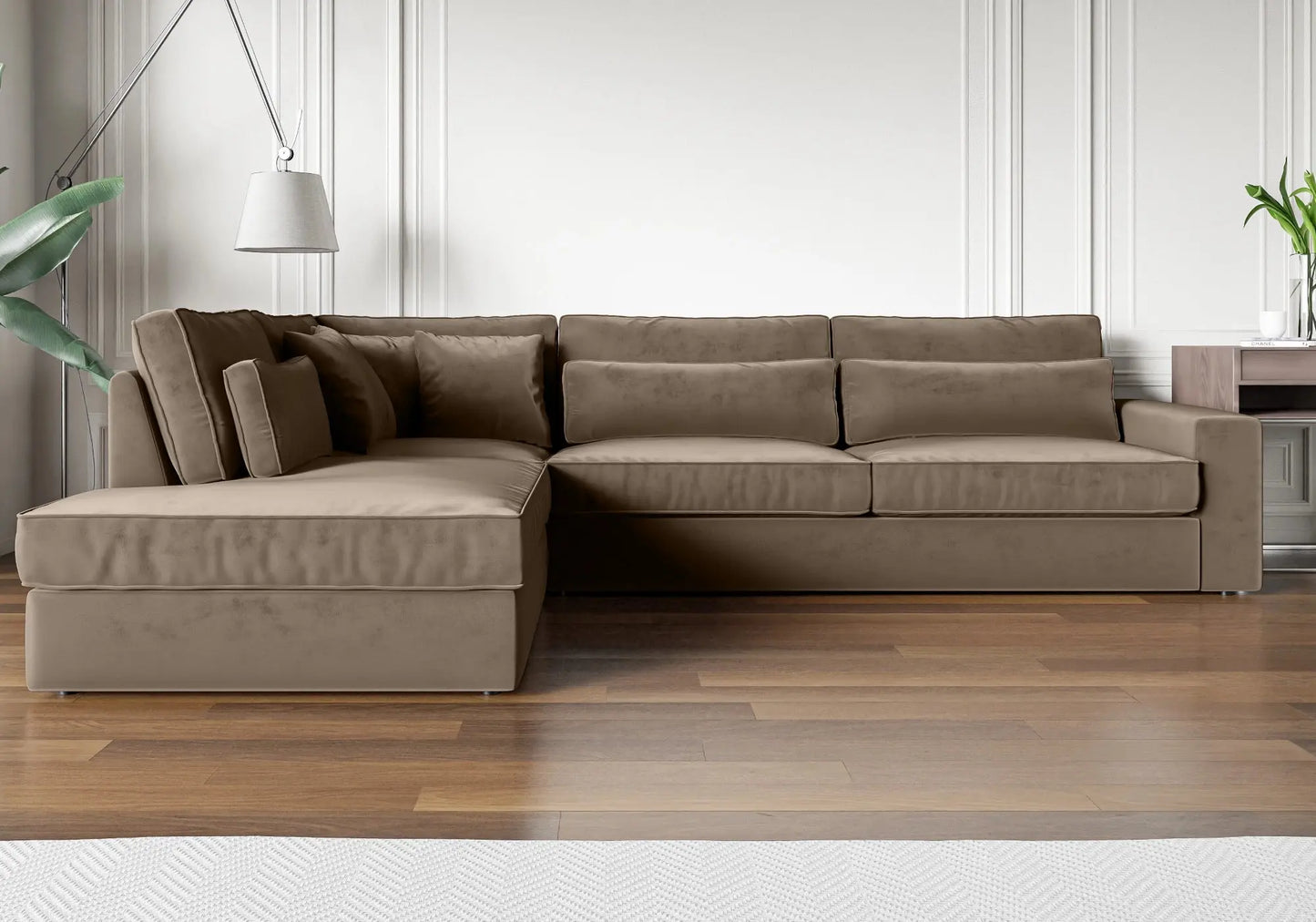 Canapé angle velours taupe – Galerie du Mobilier