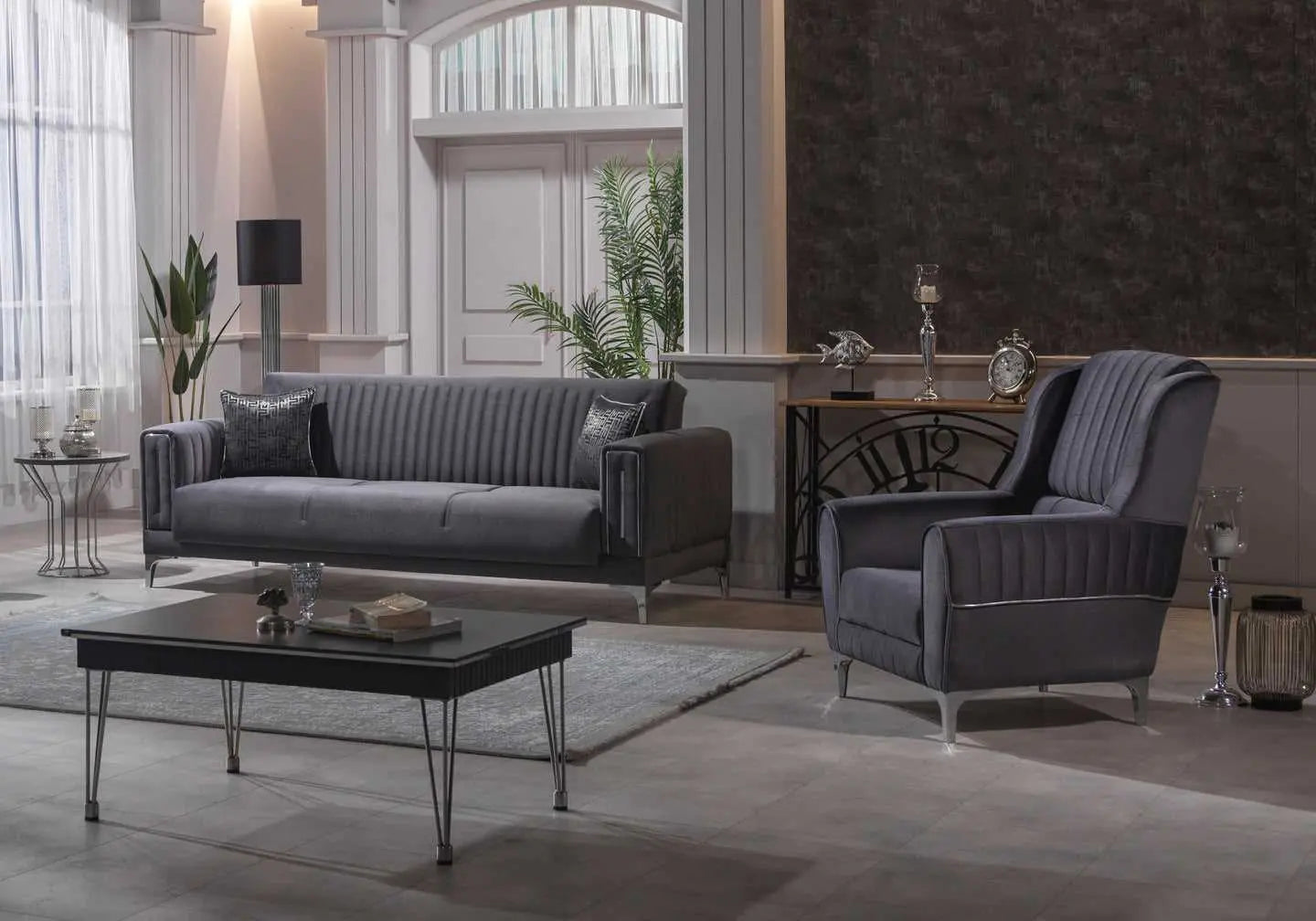 Canapé chrome velours gris ASYA Deluxe - Galerie du Mobilier