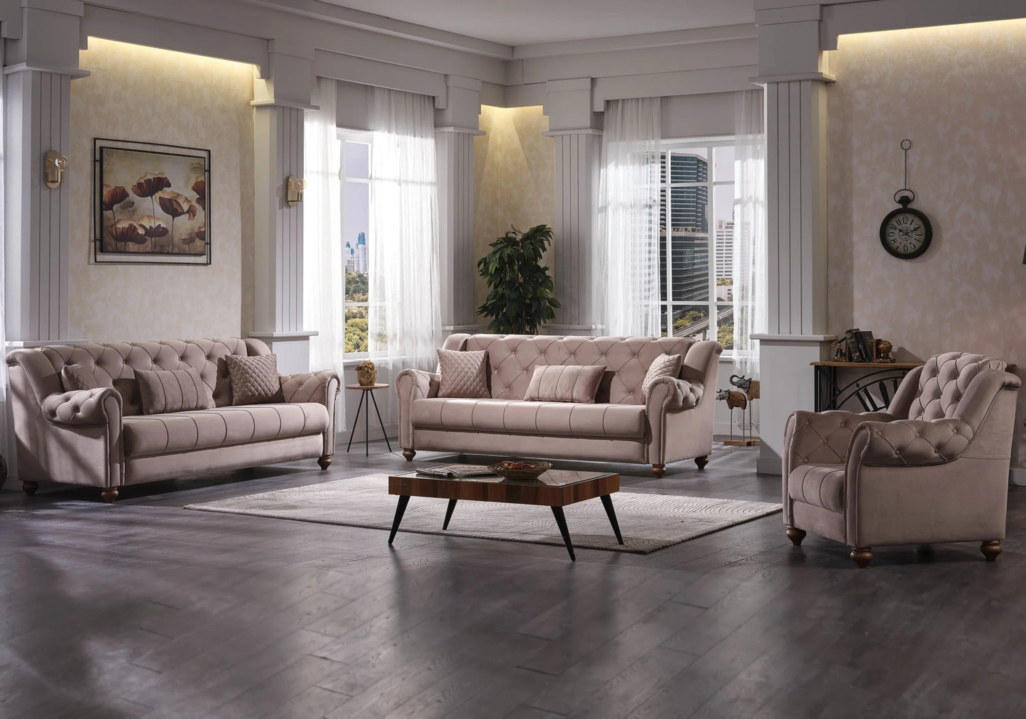 Canapé convertible capitonné velours taupe – MEVA