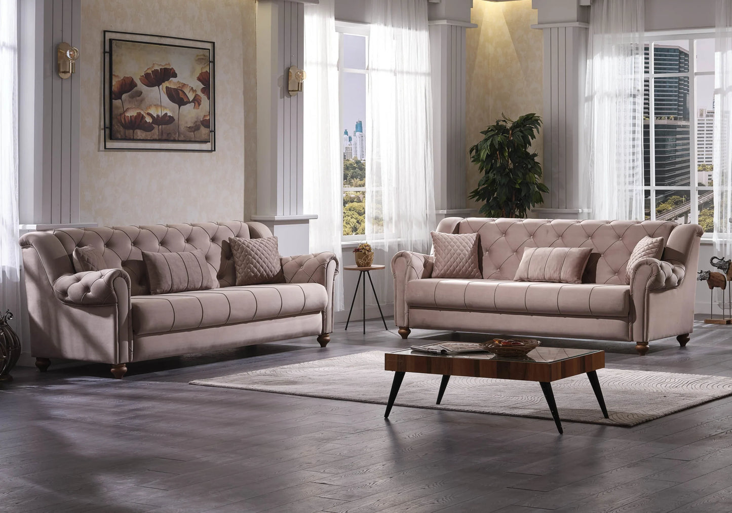 Canapé convertible capitonné velours taupe – MEVA