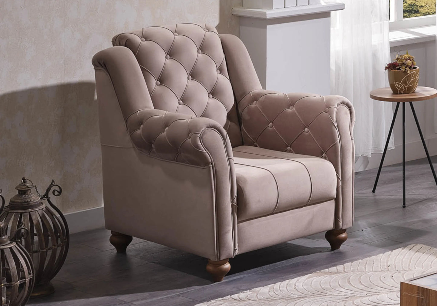 Canapé convertible capitonné velours taupe – MEVA