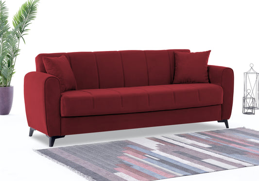 Canapé lit coffre de rangement velours rouge - LARA