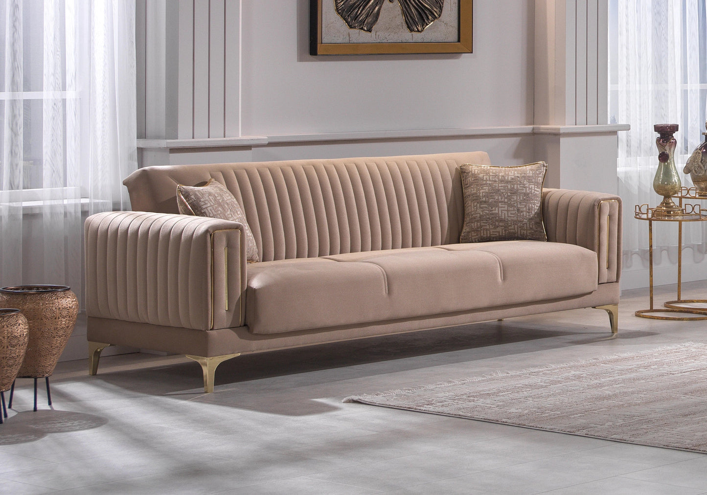 Canapé convertible velours beige doré – ASYA