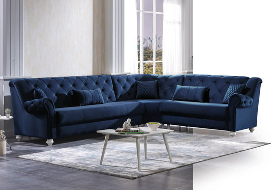 Canapé d’angle capitonné velours bleu – MEVA