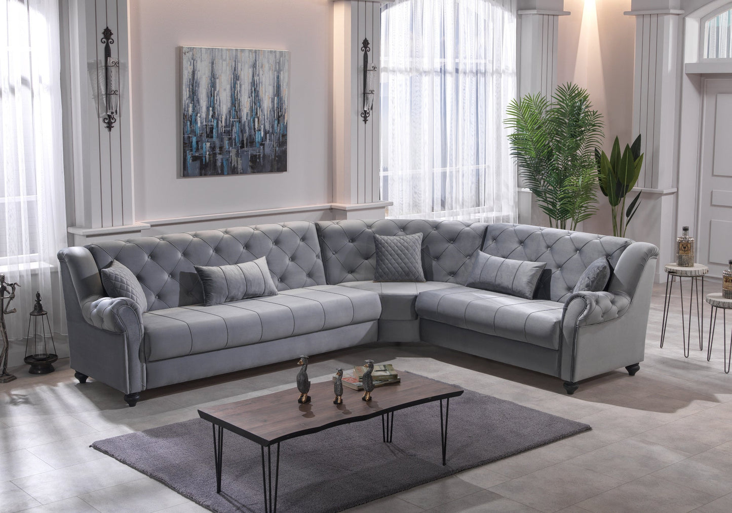 Canapé d’angle capitonné velours gris – MEVA