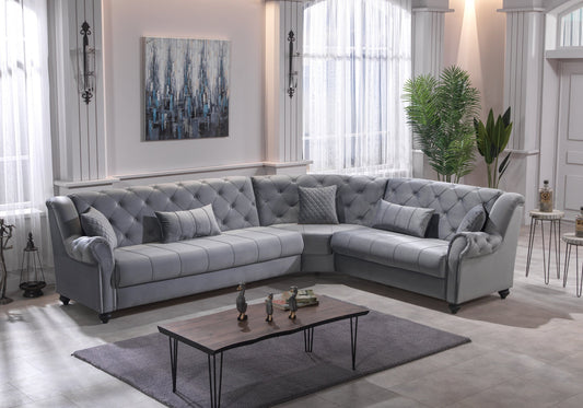 Canapé d’angle capitonné velours gris – MEVA