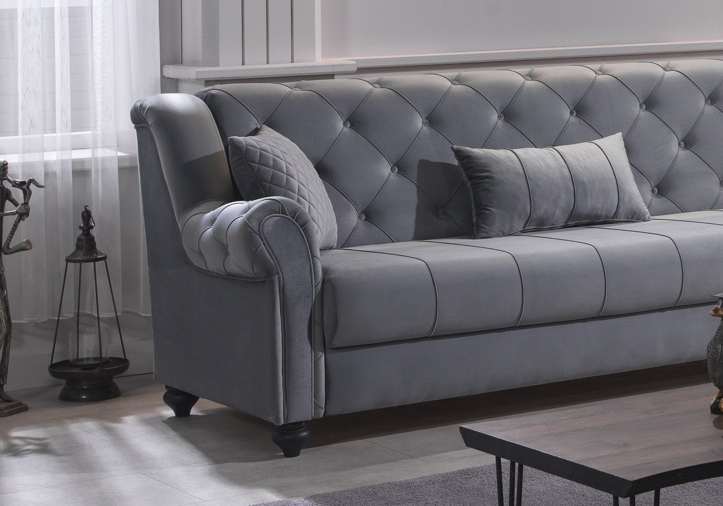 Canapé d’angle capitonné velours gris – MEVA