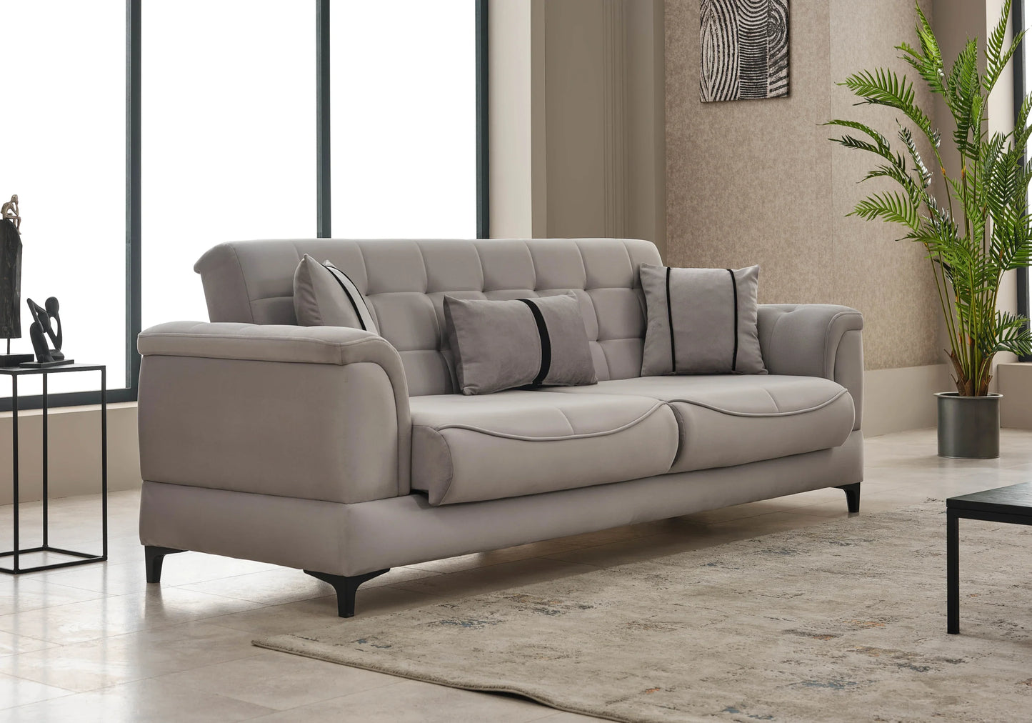 Canapé convertible capitonné velours gris perle – DELTA