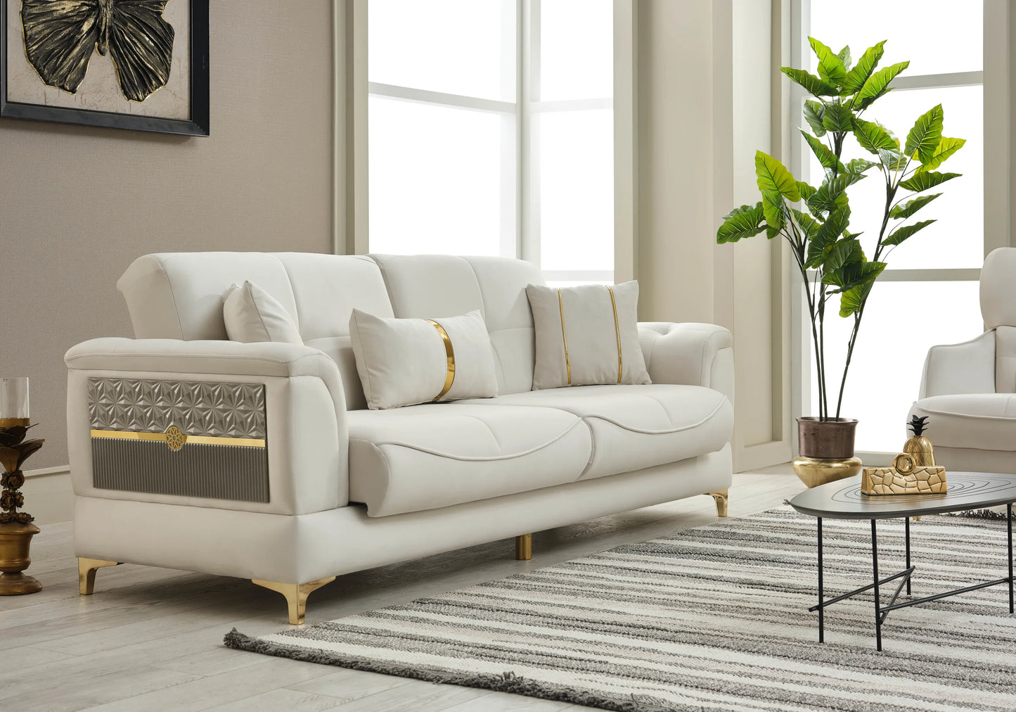 Canapé convertible velours blanc doré – LISA
