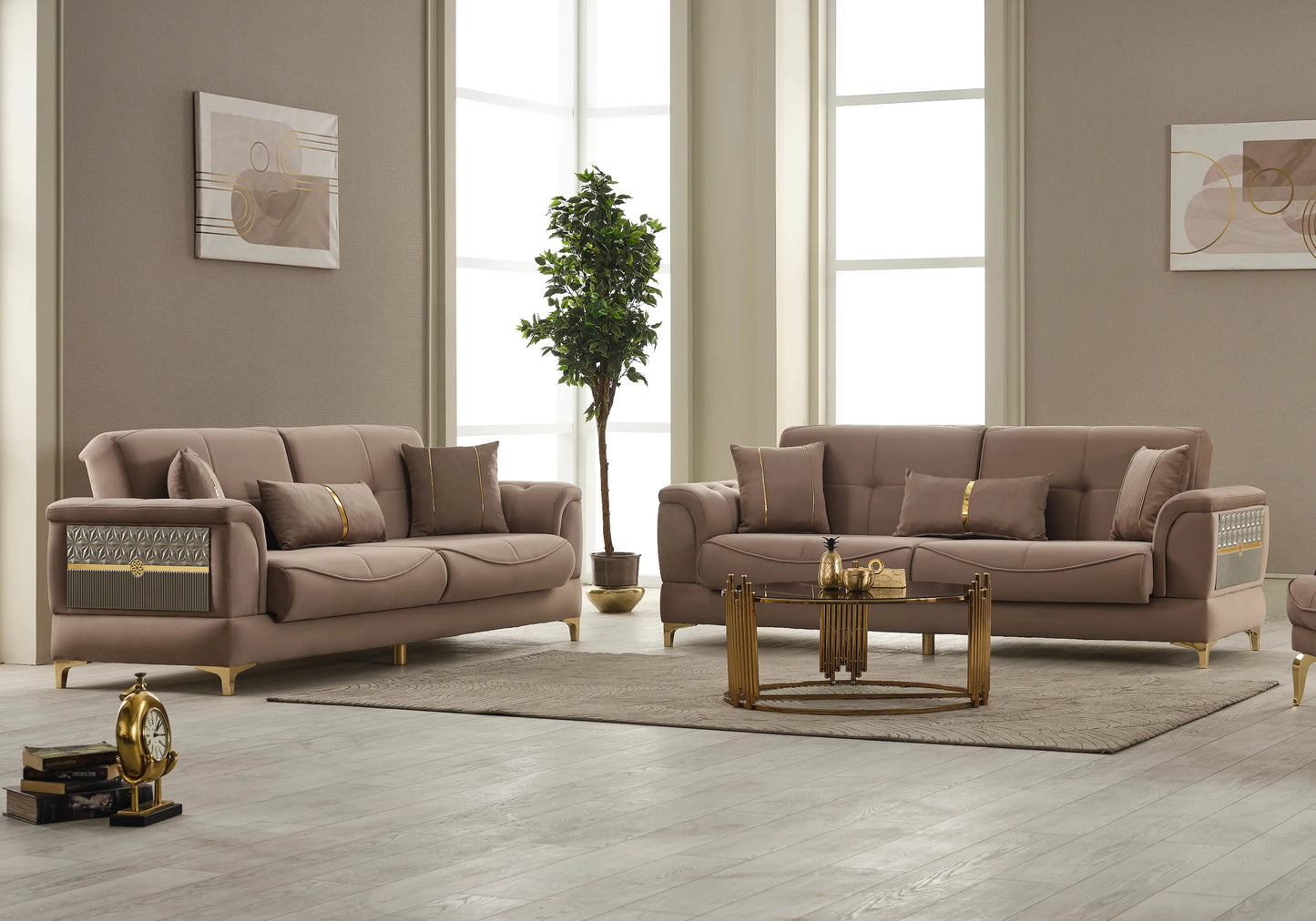 Canapé convertible velours marron doré - LISA