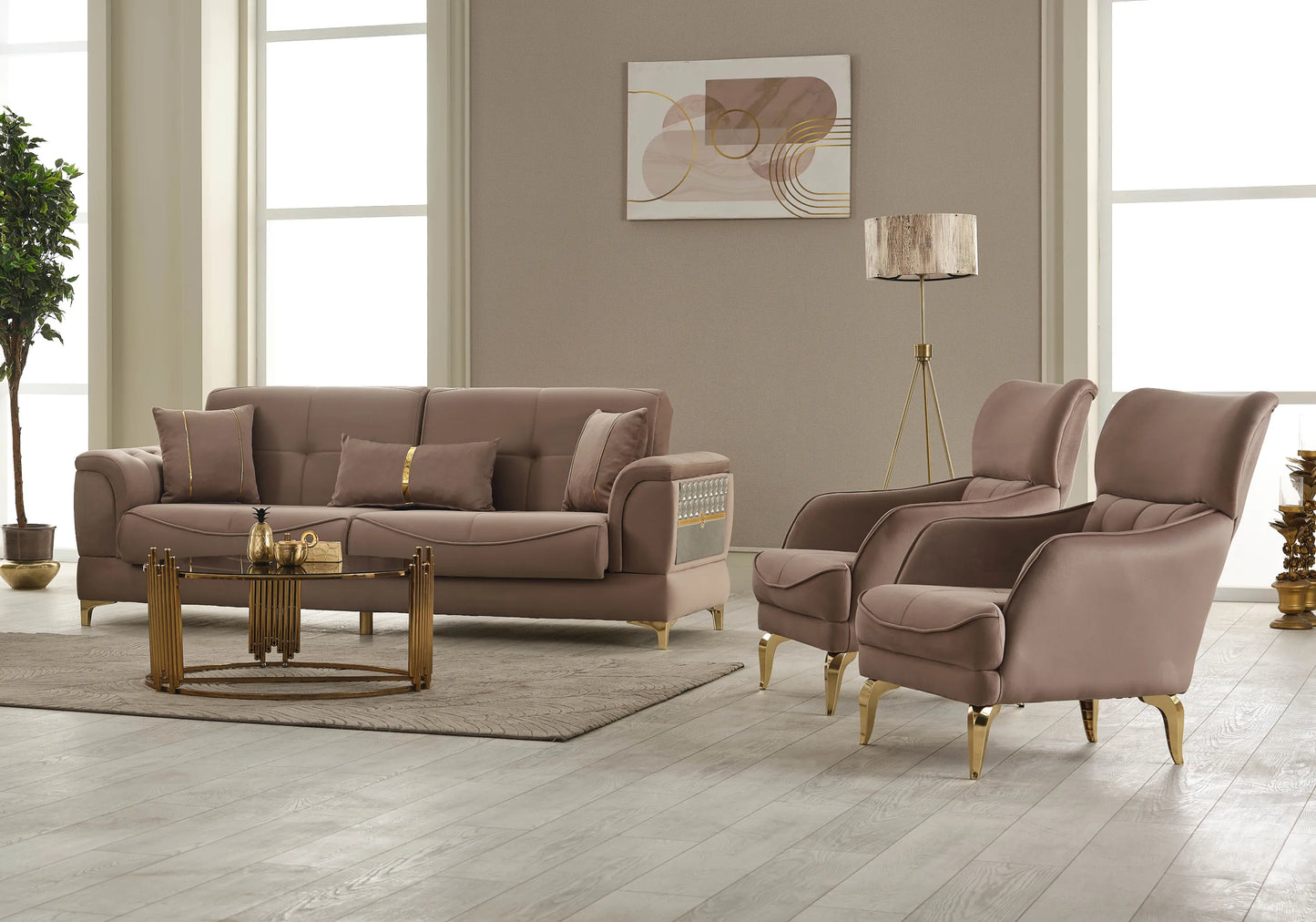 Canapé convertible velours marron doré - LISA