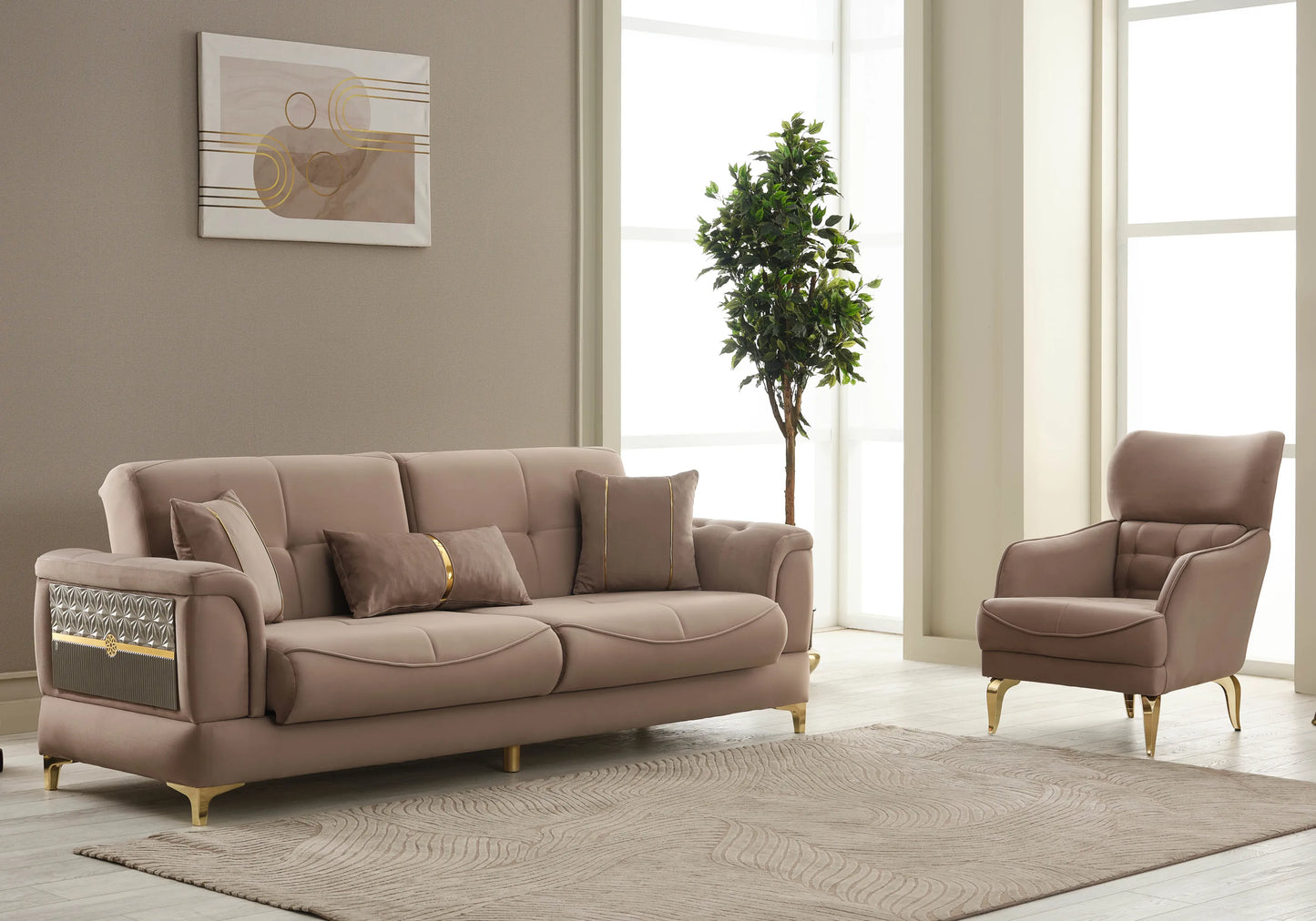 Canapé convertible velours marron doré - LISA