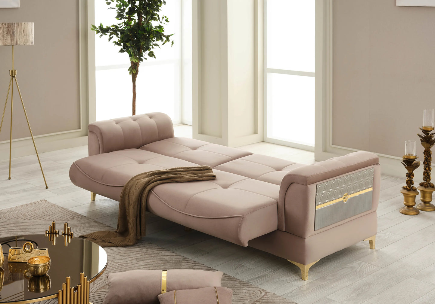 Canapé convertible velours marron doré - LISA