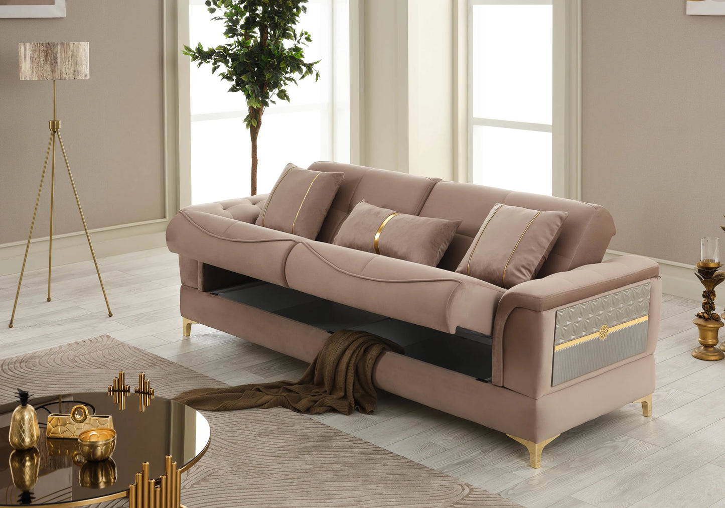 Canapé convertible velours marron doré - LISA