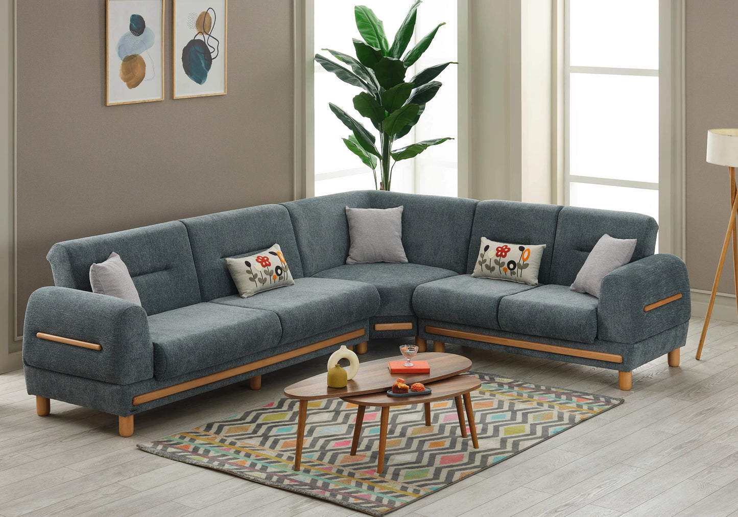 Canapé d’angle bois naturel vert graphite – LEONA