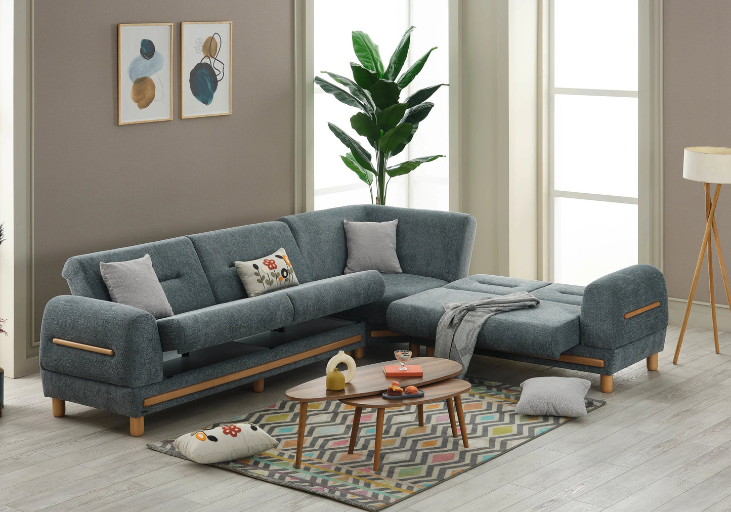 Canapé d’angle bois naturel vert graphite – LEONA