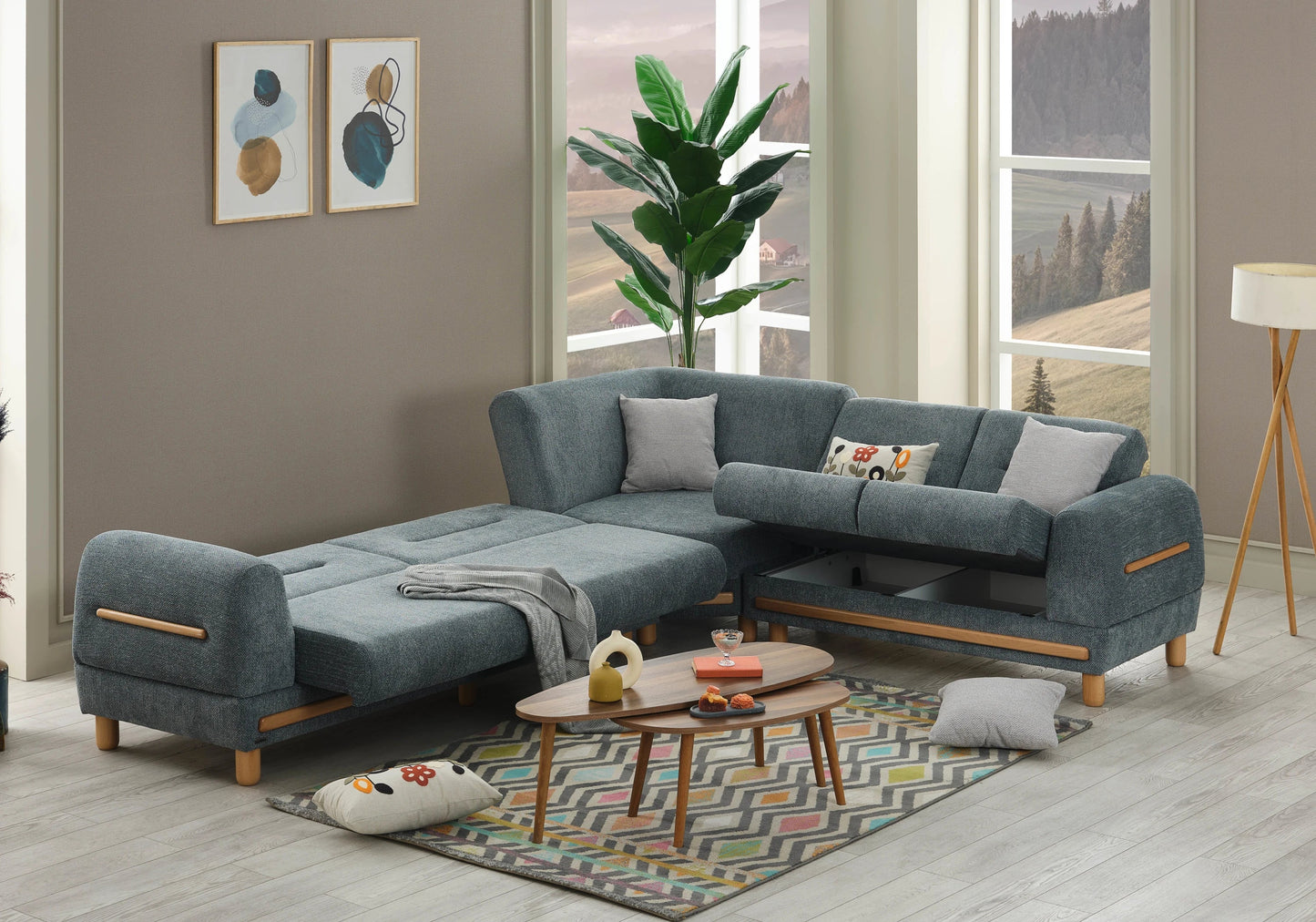 Canapé d’angle bois naturel vert graphite – LEONA