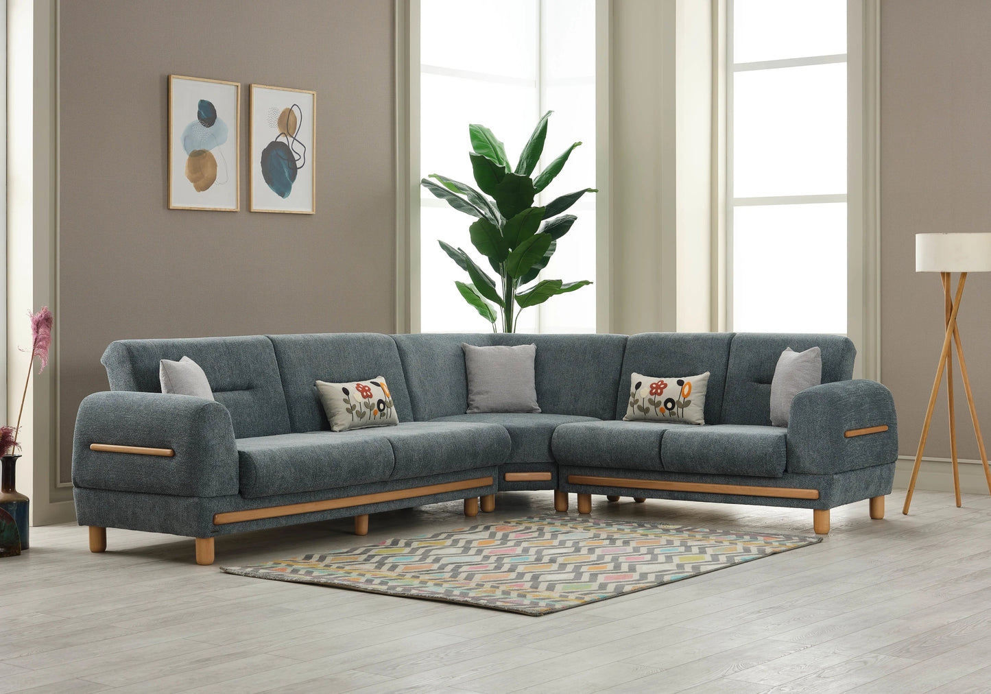 Canapé d’angle bois naturel vert graphite – LEONA