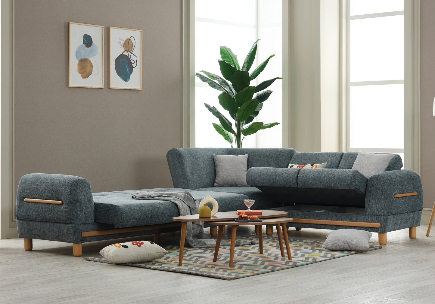 Canapé d’angle bois naturel vert graphite – LEONA