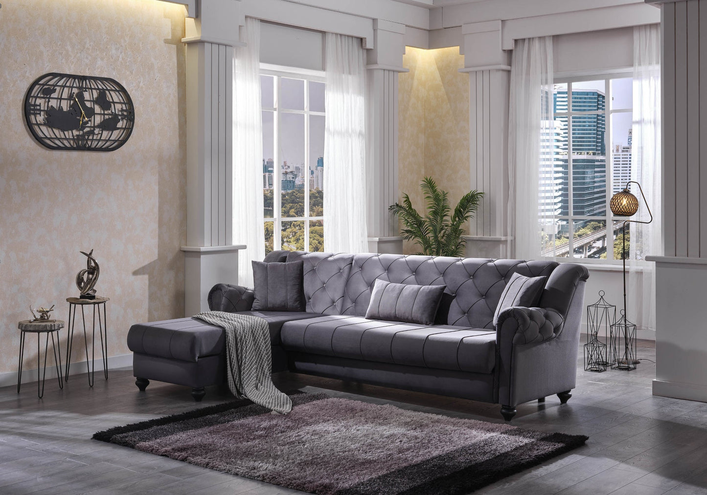 Canapé méridienne velours gris capitonné – MEVA