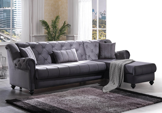 Canapé méridienne velours gris capitonné – MEVA