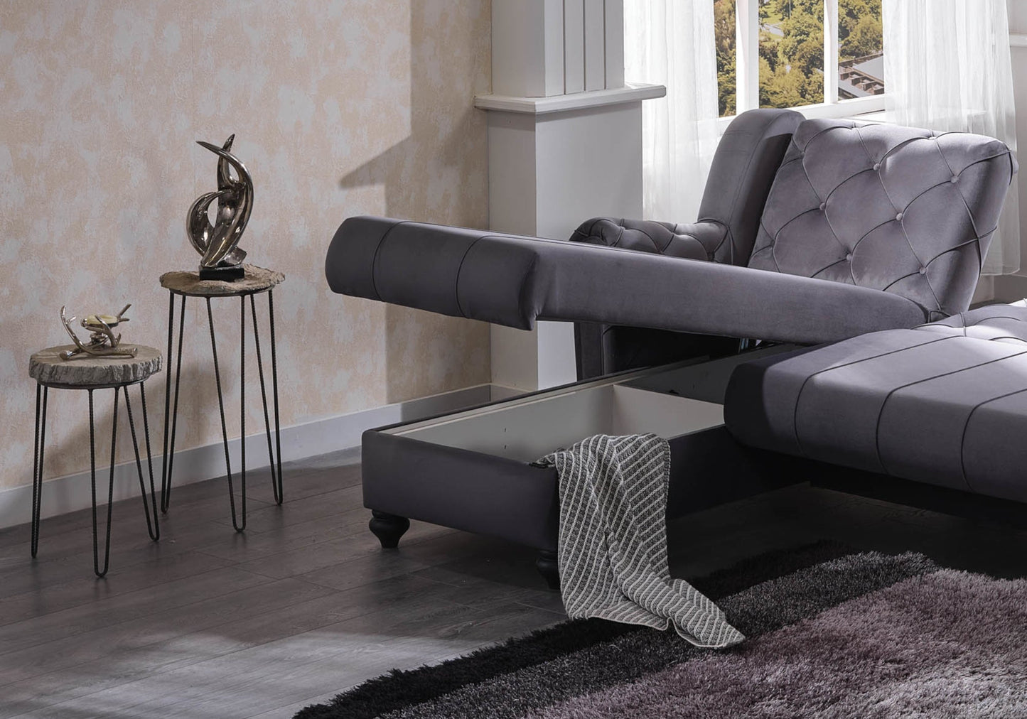 Canapé méridienne velours gris capitonné – MEVA