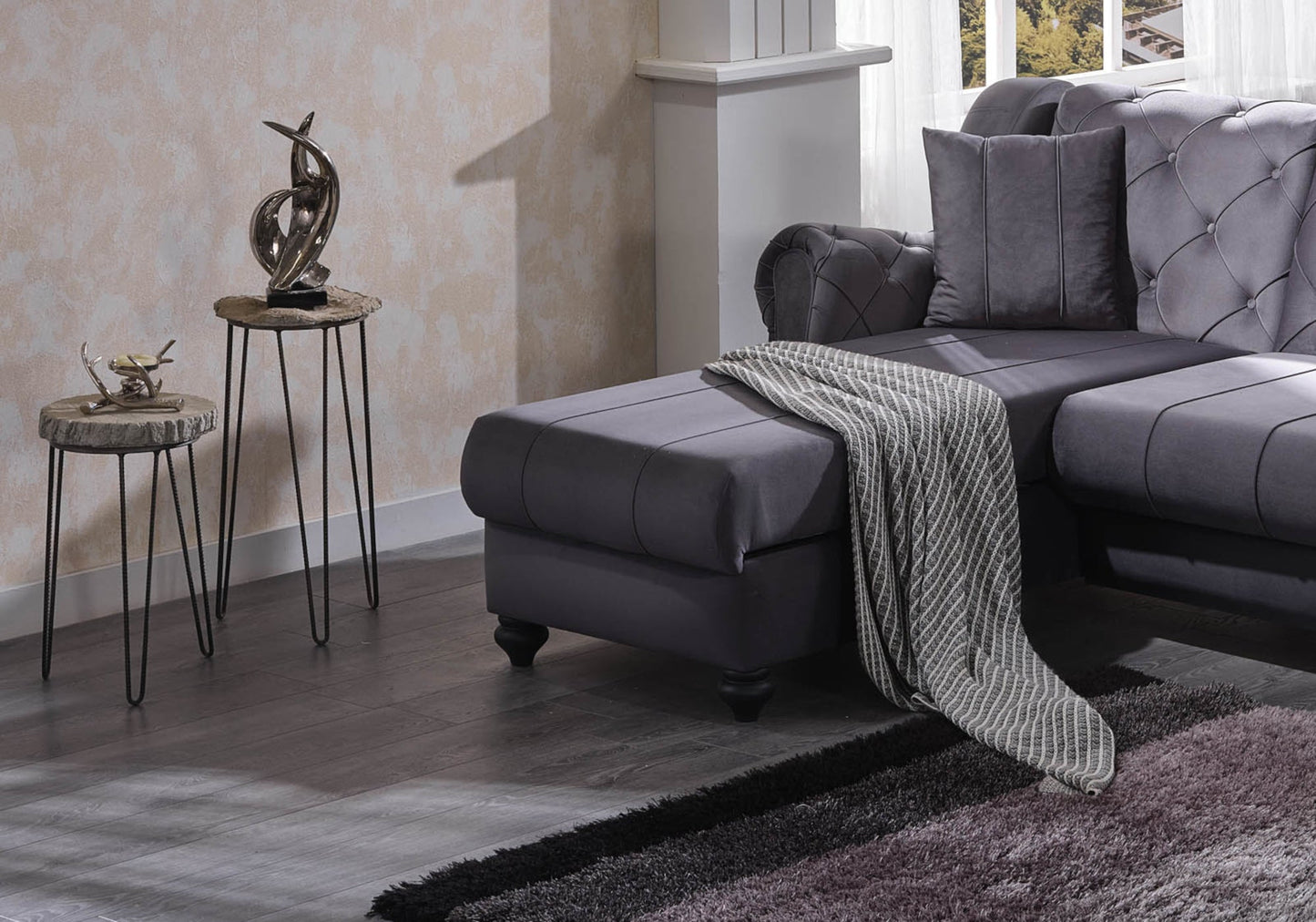 Canapé méridienne velours gris capitonné – MEVA